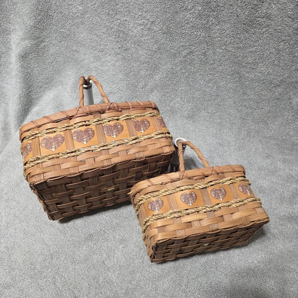 2 Vintage Cottagecore Wicker Baskets Heart Ceramic Handle Grandma Farmhouse